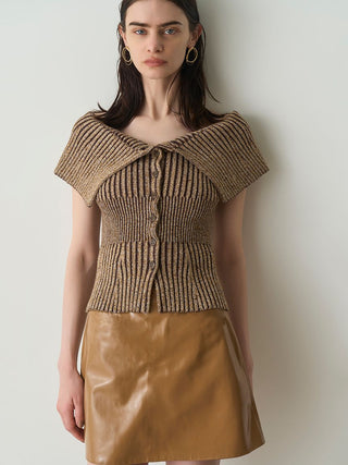 Woman in Brown Front Button Off Shoulder Knit Pullover