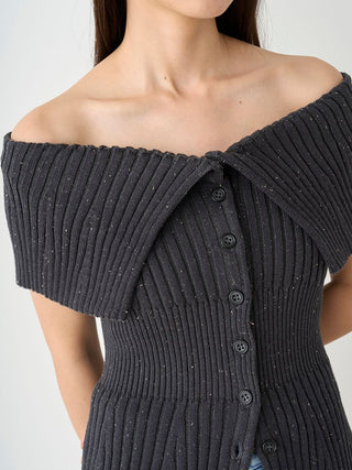 Woman in Black  Front Button Off Shoulder Knit Pullover Close up Front View