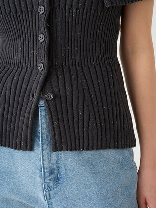 Woman in Black  Front Button Off Shoulder Knit Pullover Close up