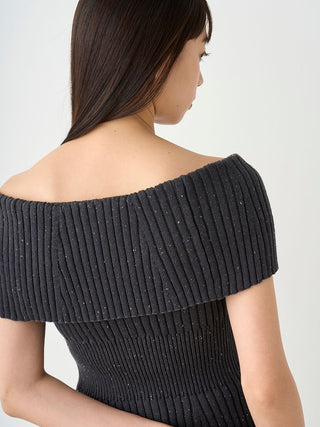 Woman in Black  Front Button Off Shoulder Knit Pullover