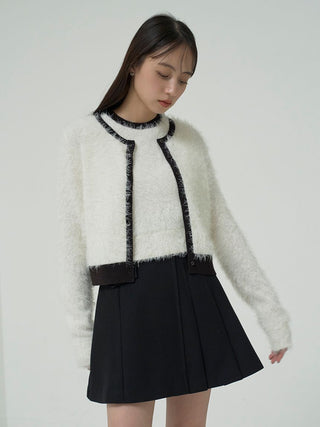 Fuzzy Sleeveless Top and Cropped Cardigan Set in White, Premium Women's Fashionable Cardigans, Pullover at SNIDEL USA