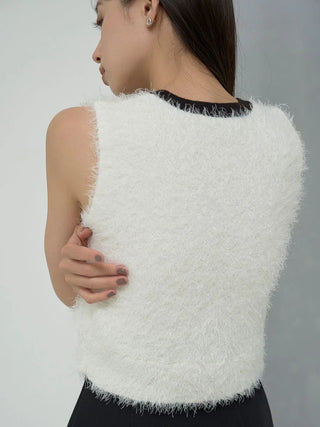 Fuzzy Sleeveless Top and Cropped Cardigan Set in White, Premium Women's Fashionable Cardigans, Pullover at SNIDEL USA