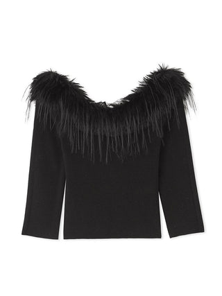 Black  Decollete Faux Fur Knit Pullover