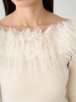 White Decollete Faux Fur Knit Pullover Front View