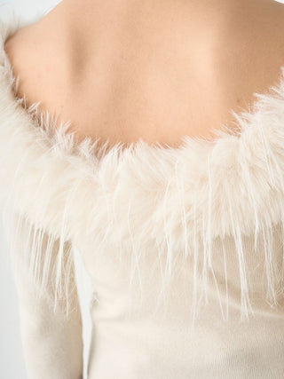 White Decollete Faux Fur Knit Pullover