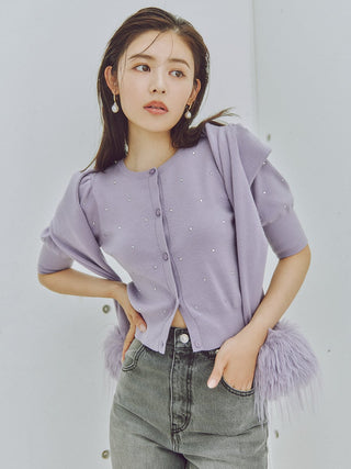 Woman in  Lavander Sleeve Fur Cardigan Front View