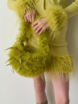 Yellow Sleeve Fur Cardigan Front View Close up