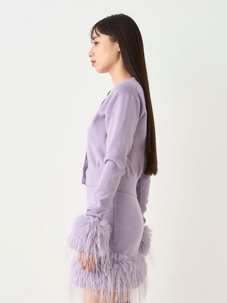 woman in a lavander Sleeve Fur Cardigan side view