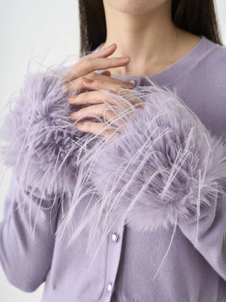 woman in a lavander Sleeve Fur Cardigan close up 