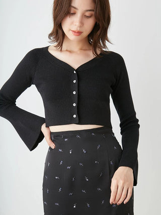 Bell Sleeve Fitted Knit Crop Top in Black, Premium Fashionable Women's Tops Collection at SNIDEL USA