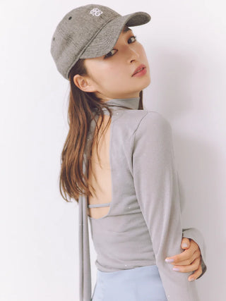 Open Back Long Sleeve Turtleneck Top in Gray, Premium Fashionable Women's Tops Collection at SNIDEL USA