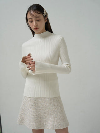 Slim Fit Ribbed Knit Bell Sleeve Sweater in Ivory, Premium Women's Knitwear at SNIDEL USA