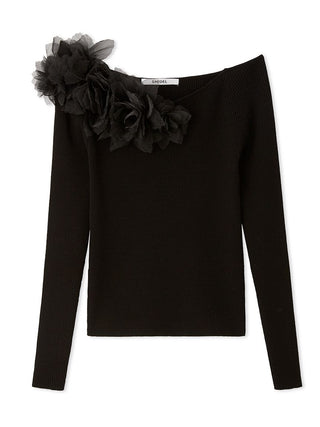 One-Shoulder Floral Embellished Knit Top in Black, Premium Fashionable Women's Tops Collection at SNIDEL USA