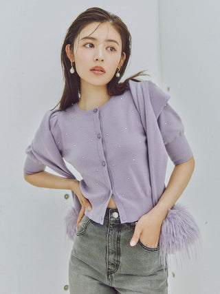 Knit Button-Up Blouse with Puff Sleeves in LAVENDER, Premium Fashionable Women's Tops Collection at SNIDEL USA.