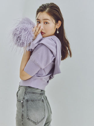 Knit Button-Up Blouse with Puff Sleeves in LAVENDER, Premium Fashionable Women's Tops Collection at SNIDEL USA.