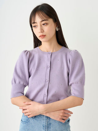 Knit Button-Up Blouse with Puff Sleeves in LAVENDER, Premium Fashionable Women's Tops Collection at SNIDEL USA.