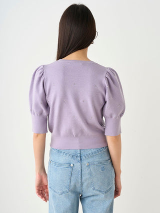 Knit Button-Up Blouse with Puff Sleeves in LAVENDER, Premium Fashionable Women's Tops Collection at SNIDEL USA.