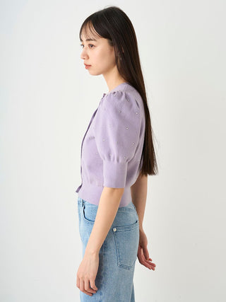 Knit Button-Up Blouse with Puff Sleeves in LAVENDER, Premium Fashionable Women's Tops Collection at SNIDEL USA.