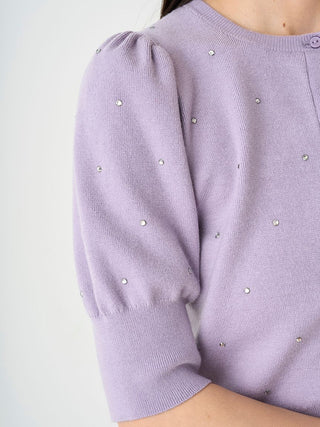 Knit Button-Up Blouse with Puff Sleeves in LAVENDER, Premium Fashionable Women's Tops Collection at SNIDEL USA.