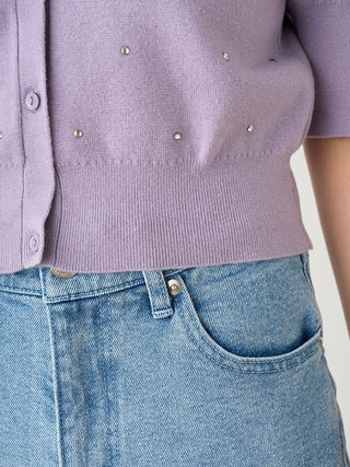 Knit Button-Up Blouse with Puff Sleeves in LAVENDER, Premium Fashionable Women's Tops Collection at SNIDEL USA.