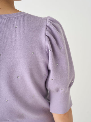 Knit Button-Up Blouse with Puff Sleeves in LAVENDER, Premium Fashionable Women's Tops Collection at SNIDEL USA.