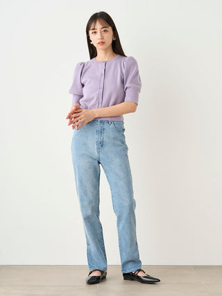 Knit Button-Up Blouse with Puff Sleeves in LAVENDER, Premium Fashionable Women's Tops Collection at SNIDEL USA.