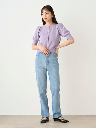 Knit Button-Up Blouse with Puff Sleeves in LAVENDER, Premium Fashionable Women's Tops Collection at SNIDEL USA.