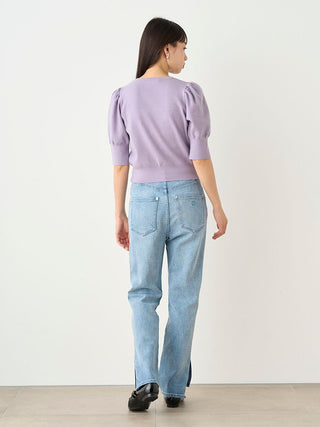 Knit Button-Up Blouse with Puff Sleeves in LAVENDER, Premium Fashionable Women's Tops Collection at SNIDEL USA.