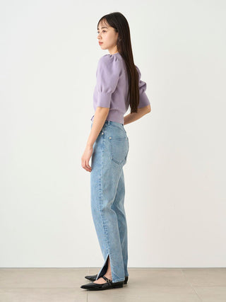 Knit Button-Up Blouse with Puff Sleeves in LAVENDER, Premium Fashionable Women's Tops Collection at SNIDEL USA.