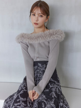 Sustainable Decollete Fur Knit Pullover in Charcoal Gray, Premium Women's Fashionable Cardigans, Pullover at SNIDEL USA