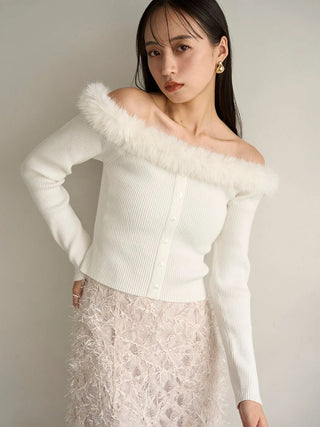 Sustainable Decollete Fur Knit Pullover in White, Premium Women's Fashionable Cardigans, Pullover at SNIDEL USA