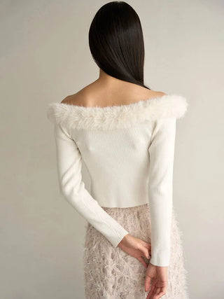 Sustainable Decollete Fur Knit Pullover in White, Premium Women's Fashionable Cardigans, Pullover at SNIDEL USA