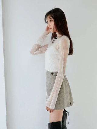 Layered Sheer Knit Mock Neck Blouse in Ivory, Premium Fashionable Women's Tops Collection at SNIDEL USA