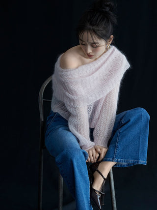 Mohair Sheer Off-Shoulder Pullover