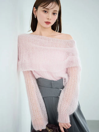 Mohair Sheer Off-Shoulder Pullover in Pink, Premium Women's Fashionable Cardigans, Pullover at SNIDEL USA