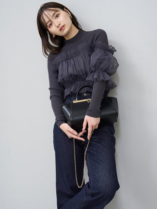 Tulle off-shoulder docking knit pullover