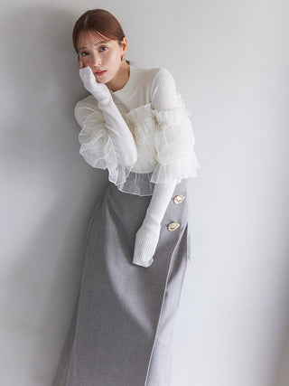 Tulle off-shoulder docking knit pullover