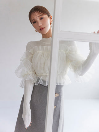 Tulle off-shoulder docking knit pullover