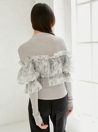 Tulle off-shoulder docking knit pullover