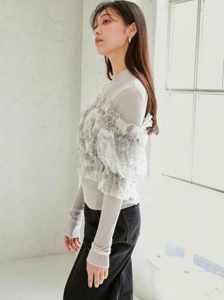 Tulle off-shoulder docking knit pullover