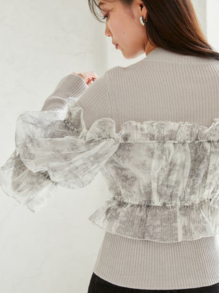 Tulle off-shoulder docking knit pullover