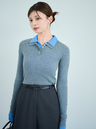 Sustainable Polo Collar Knit Pullover Top in Gray, Premium Fashionable Women's Tops Collection at SNIDEL USA