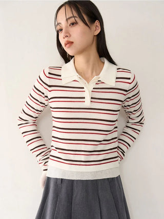 Sustainable Polo Collar Knit Pullover Top in Light Beige, Premium Fashionable Women's Tops Collection at SNIDEL USA