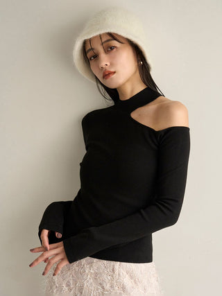 One-shoulder high-neck knit pullover