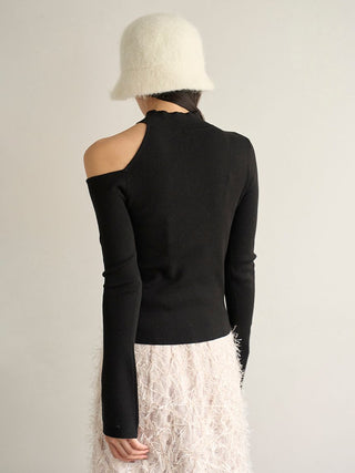 One-shoulder high-neck knit pullover