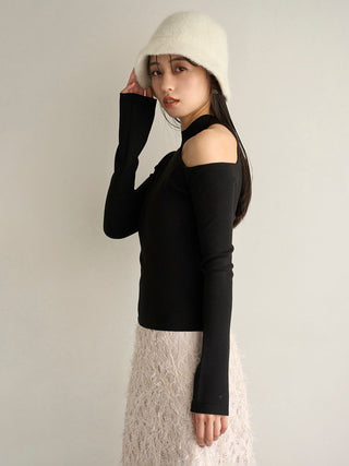 Asymmetrical High-Neck Shoulder Knit Top in Black, Premium Fashionable Women's Tops Collection at SNIDEL USA