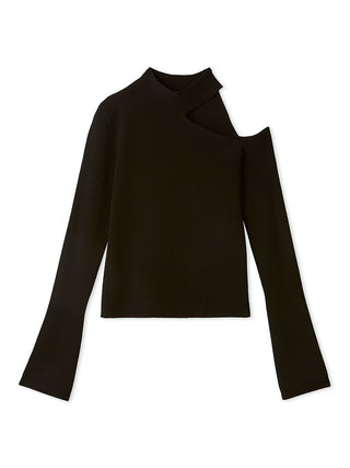 Asymmetrical High-Neck Shoulder Knit Top in Black, Premium Fashionable Women's Tops Collection at SNIDEL USA