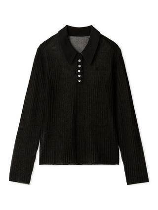 Sheer Knit Collared Top in Black, Premium Women's Knitwear at SNIDEL USA
