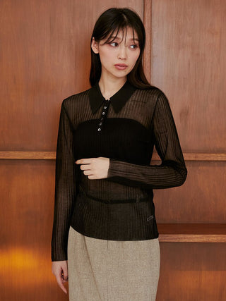 Sheer Knit Collared Top in Black, Premium Women's Knitwear at SNIDEL USA
