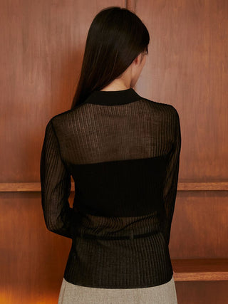 Sheer Knit Collared Top in Black, Premium Women's Knitwear at SNIDEL USA
